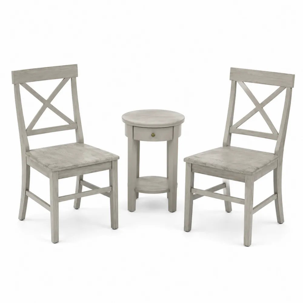 Set di 2 Sedie e Tavolino Rotondo in Legno Massello Grigio