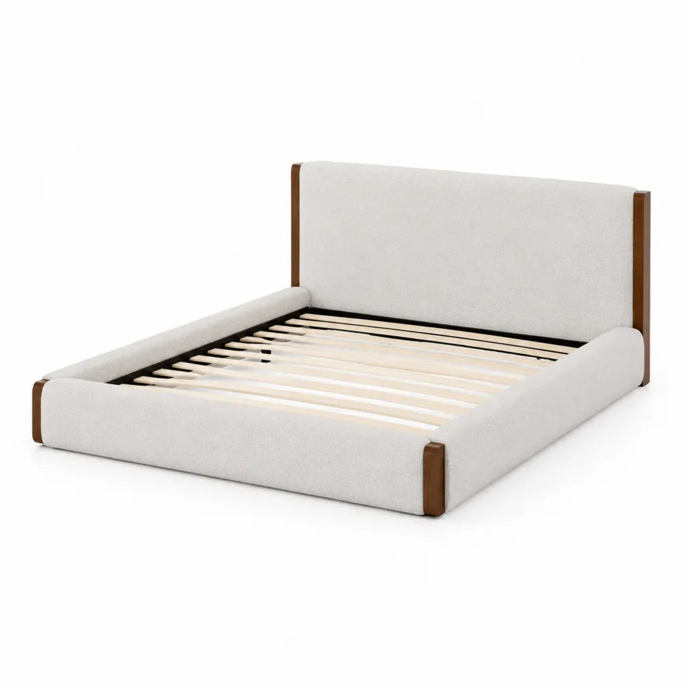 Letto matrimoniale in legno e tessuto beige con dettagli marroni 180x200 cm