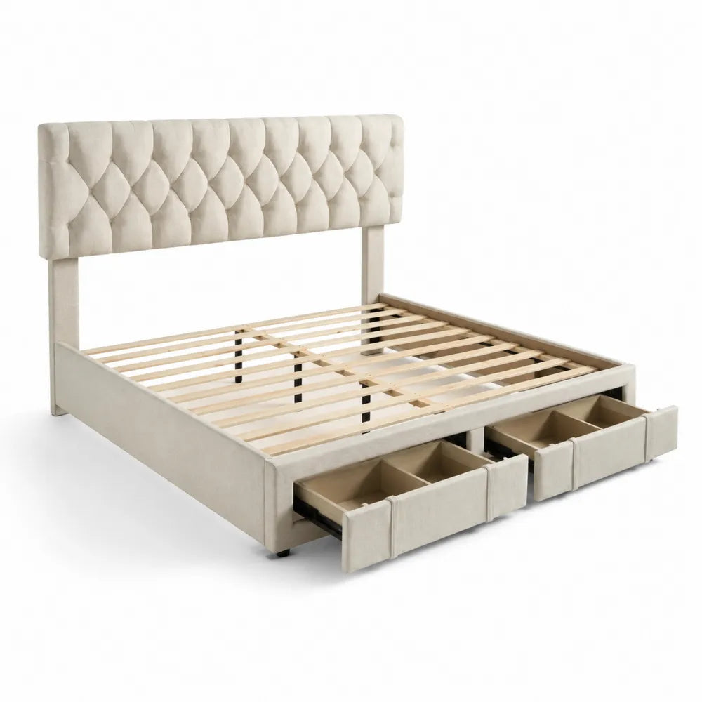 Letto matrimoniale in legno e velluto beige con cassetti