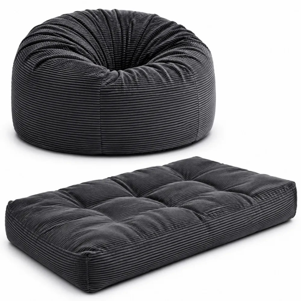 Set di Pouf e Materasso in Velluto a Coste Antracite