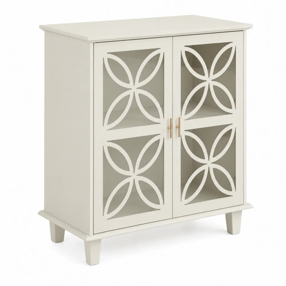 Credenza in legno MDF con ante intagliate in vetro Bianco 80x35x100 cm
