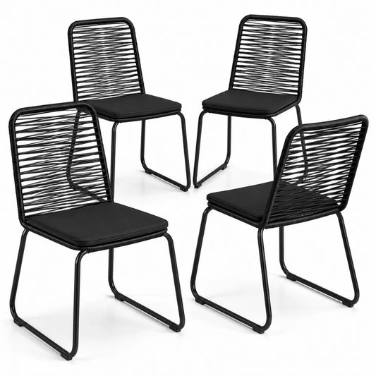 Set di 4 Sedie in Acciaio e Polyrattan Nero