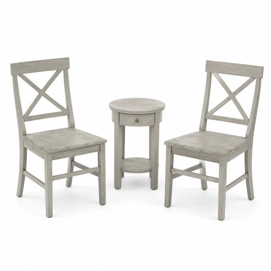 Set di 2 Sedie e Tavolino Rotondo in Legno Massello Grigio