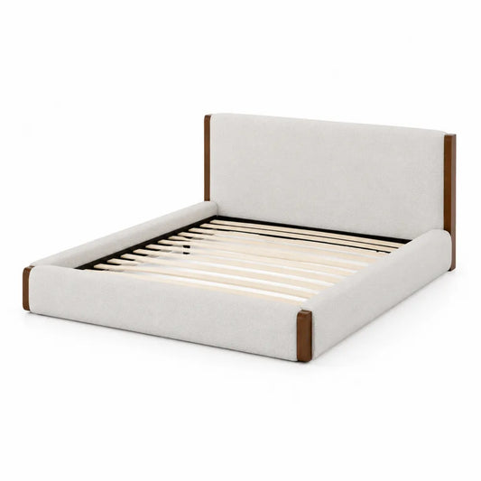Letto matrimoniale in legno e tessuto beige con dettagli marroni 180x200 cm