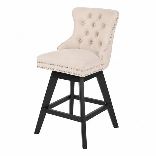 Sgabello in Stoffa Beige con Base in Legno
