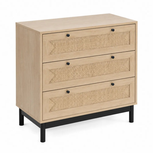 Cassettiera in Legno con Cassetti in Paglia e Gambe in Metallo