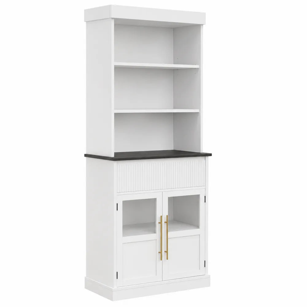 Libreria bianca con ante in vetro e ripiani in legno MDF 180cm