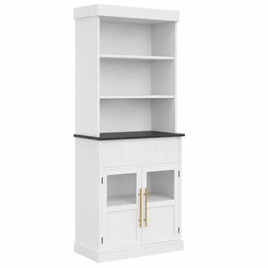 Libreria bianca con ante in vetro e ripiani in legno MDF 180cm