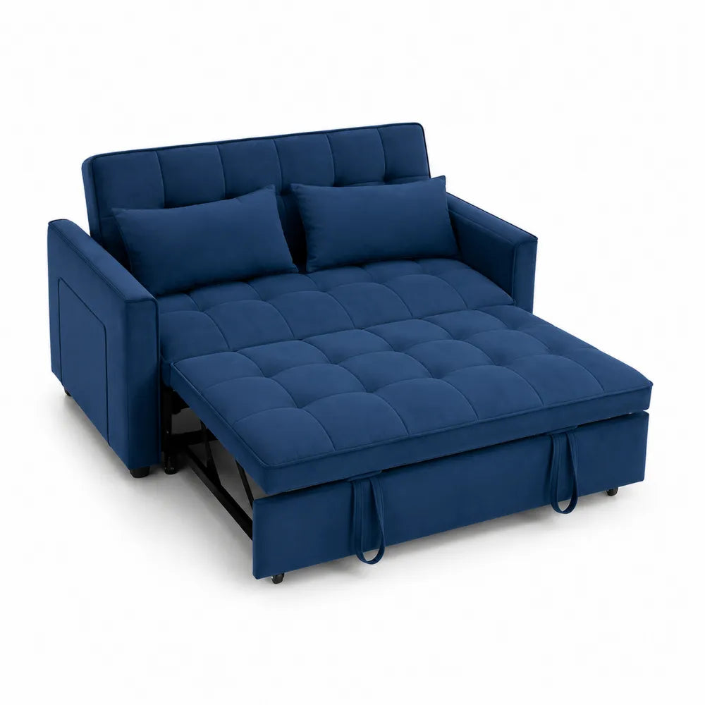 Divano Letto in Velluto Blu con Materasso Pieghevole