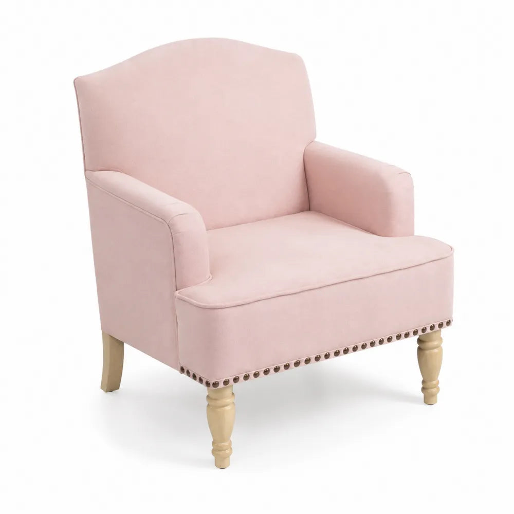 Poltrona in tessuto rosa con gambe in legno