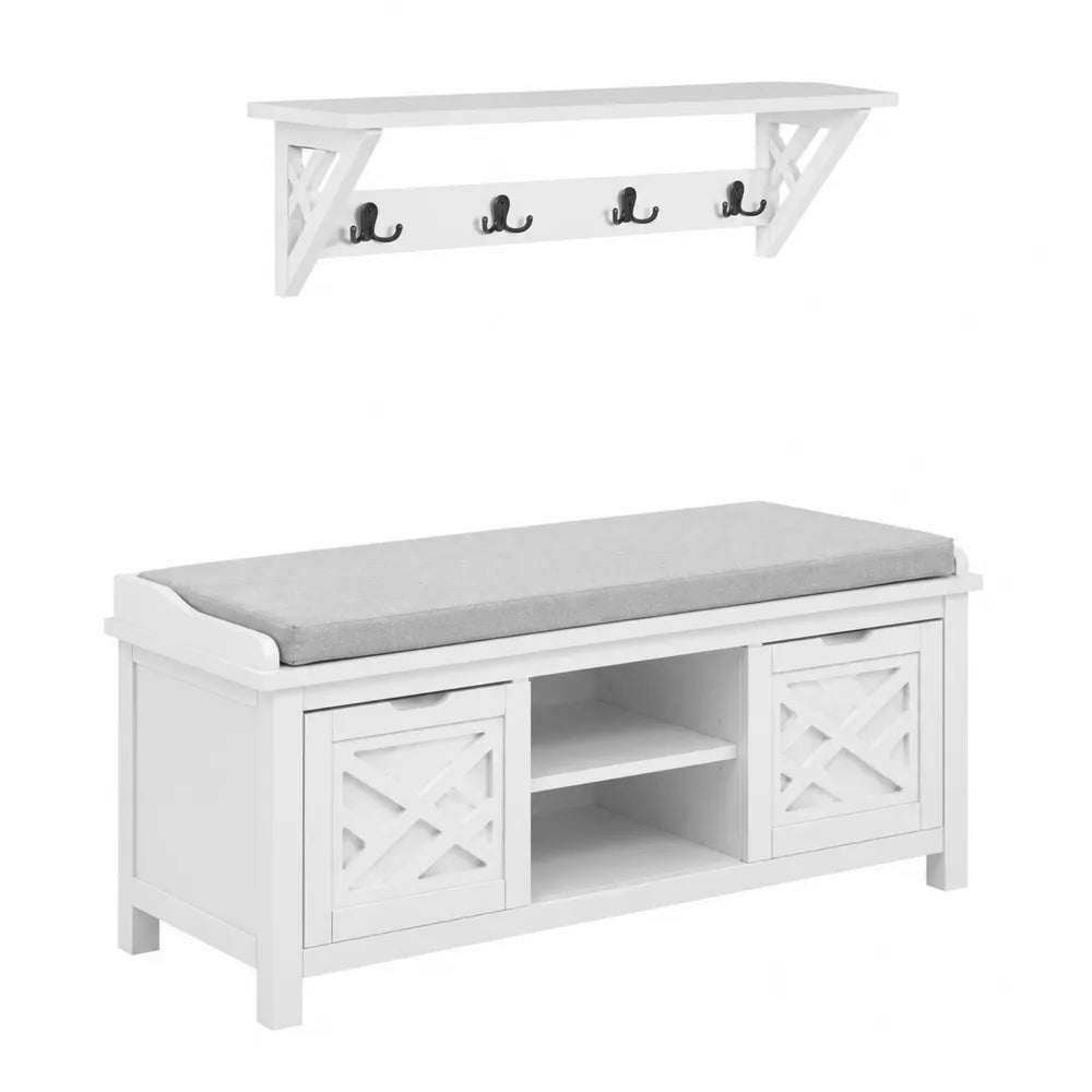 Panca e Appendiabiti in Legno con Cuscino Grigio