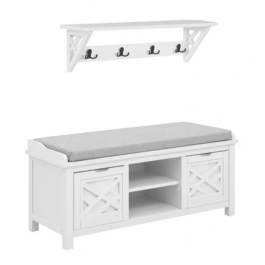 Panca e Appendiabiti in Legno con Cuscino Grigio
