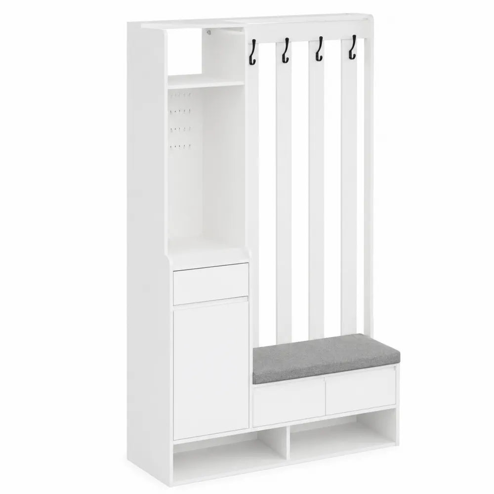 Appendiabiti in Legno Bianco con Panchina e Cuscino Grigio